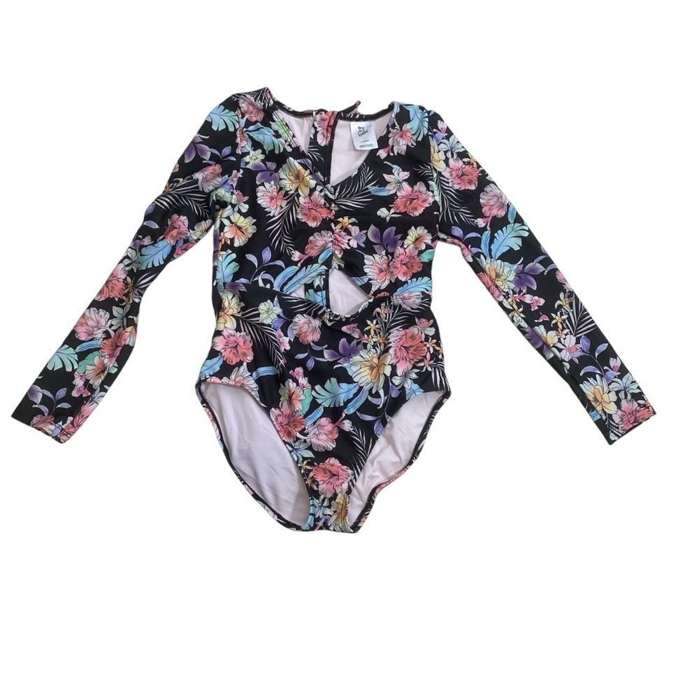 Girls one piece long sleeve floral zips up back rash guard size 10/12
